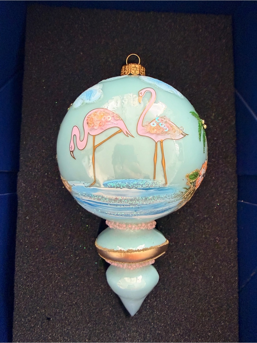 Hand-Painted Flamingo Glass Holiday Ornament in Light Blue